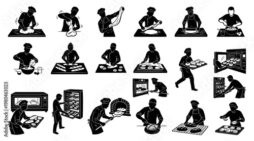 Black and White Baking Icons: Chefs Kneading, Baking Bread, Using Ovens