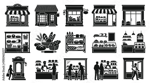 Bakery and Bread Shop Glyph Icons Set. Food Industry Black and White Silhouette Collection.