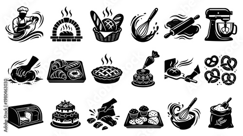 Baking Bakery Food Glyph Icons Set - Pastry, Bread, Tools, Baker Black  White Symbols