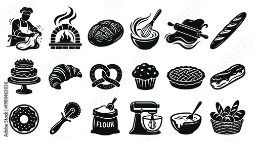 Baking and Bakery Glyph Icons Set: Food Industry Dough, Pastry, Bread  Dessert Symbols