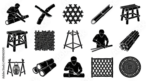 Bamboo Crafting Glyph Icons Set: Traditional Handicraft, Artisans, Tools  Sustainable Products