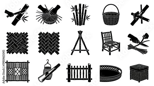 Bamboo Crafting Industry Glyph Icons Set: Weaving, Products, and Tools Black  White Silhouettes