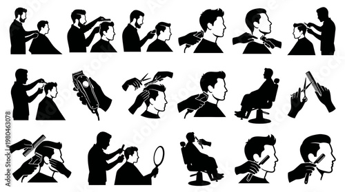 Barber Haircut Service Glyph Icons Set - Hairdressing, Stylists  Tools Black  White