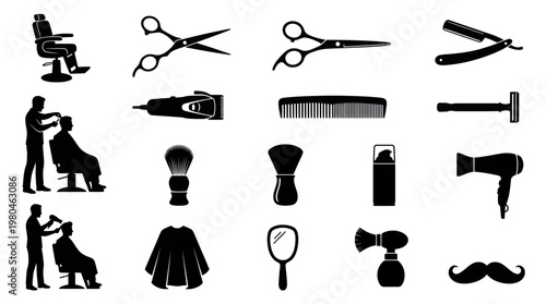Barber Shop Hairdressing Tools  Services Black  White Glyph Icons Set