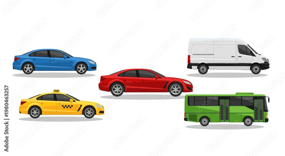 Fototapeta premium Various colorful cars and a bus isolated on white background for design