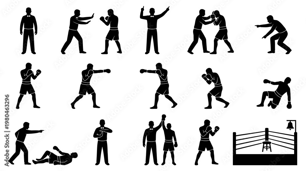 Fototapeta premium Black and White Boxing Silhouettes: Fighters, Referee, Ring, Knockout