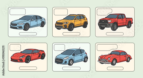 Various colorful car illustrations on display for transportation concepts