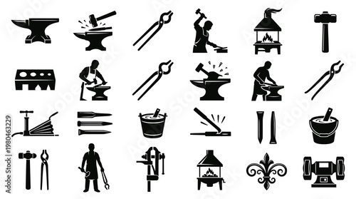 Blacksmithing Icons - Black  White Glyph Set for Metalworking