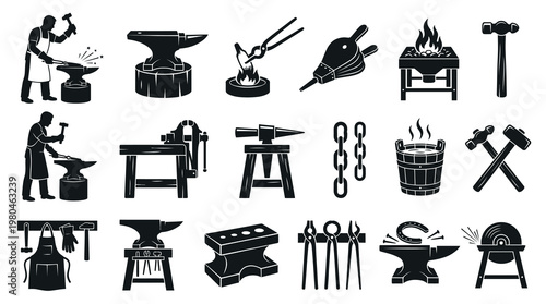 Blacksmith Tools Icons Set - Vintage Black  White Vector Art