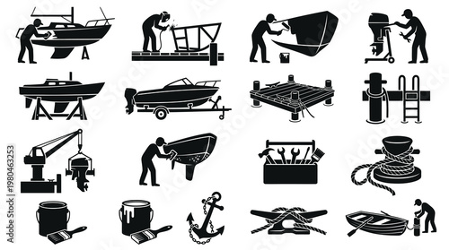 Boat Repair and Maintenance Icons: Nautical Service and Marine Industry Symbols