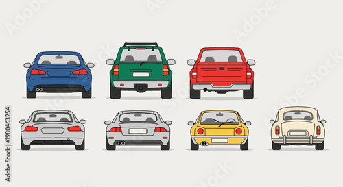 Various colorful car rear views displayed against a neutral background