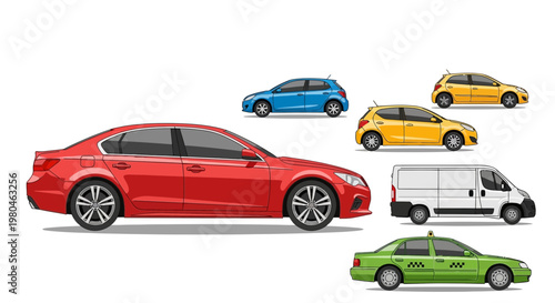 Various colorful cars and a van against a clean white background