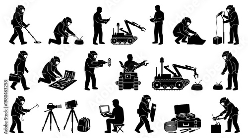 Black  White Icons of Bomb Squad Robot, Detector, and Technician