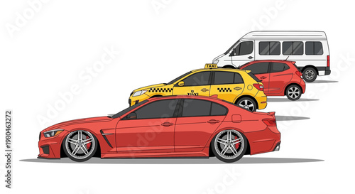 Various colorful cars and a van against a white background vector illustration