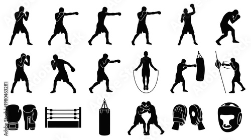 Black and White Boxing Icons: Athletes, Gear, and Ring