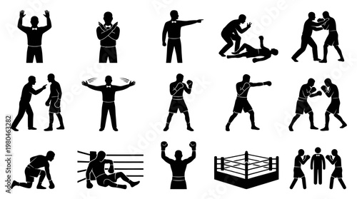 Boxing Icons: Referee, Boxers, Ring  Knockout - Black  White Silhouette