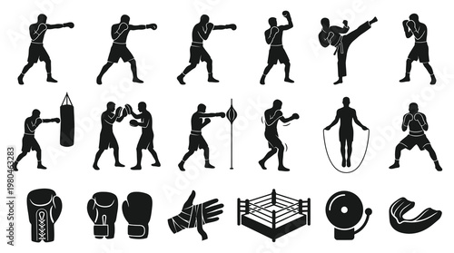 Boxing Sport Silhouette Icons: Fighters, Gloves, Ring, Bell, Mouthguard