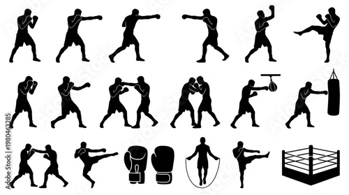 Boxing Silhouettes: Fighters, Training, and Ring, Black  White Vector Art