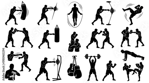 Boxing Fitness Training Silhouettes  Combat Sports Glyphs Icon Set