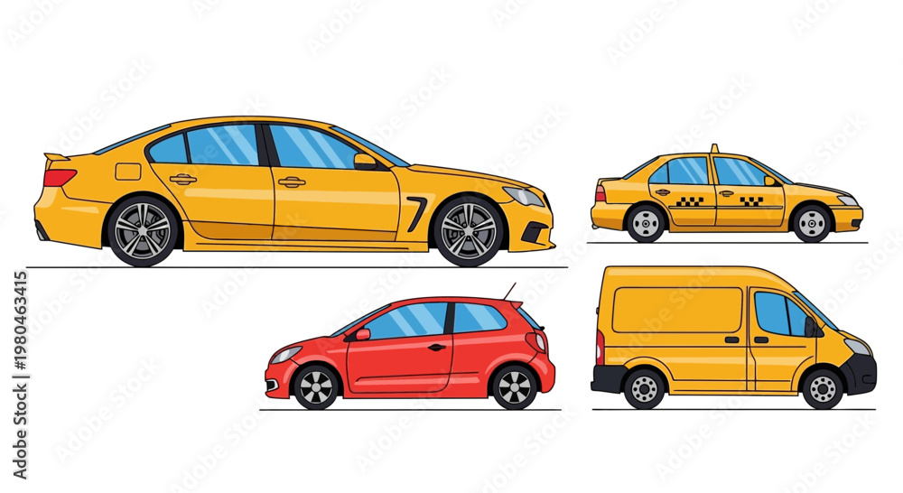 Fototapeta premium Various colorful vehicle illustrations isolated on a white backdrop for transport concepts