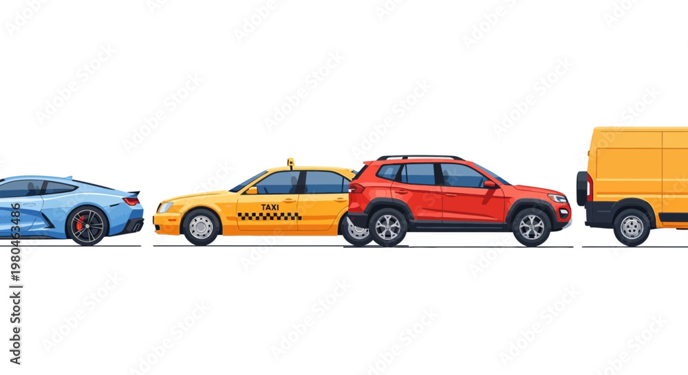 Fototapeta premium Various colorful vehicles isolated on white background for design elements