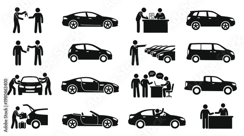 Automotive Car and Vehicle Services Glyph Icons - Dealership, Rental, and Driving Pictograms