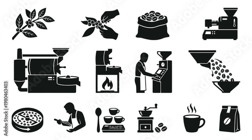 Black  White Coffee Production and Brewing Glyph Icons Set