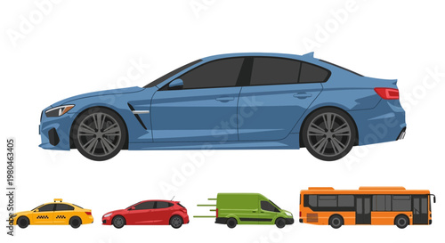 Various colorful vehicle illustrations against a white background for transportation