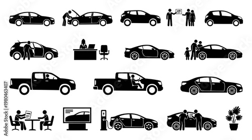 Automotive Car Dealership and Vehicle Related Activities Solid Glyph Icons Set
