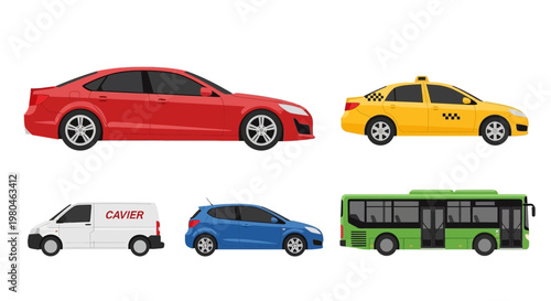 Various colorful vehicle illustrations isolated on a white background