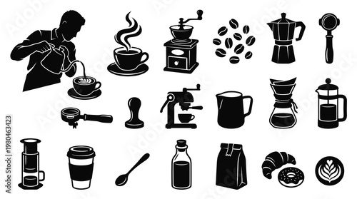 Black and White Coffee Barista Icons Set. Minimalist Cafe Beverage  Equipment Glyphs Collection.