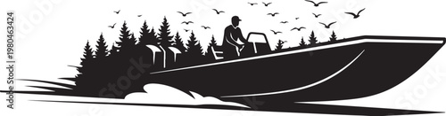 Black boat, speedboat, silhouette, vector illustration, water sports, outdoor adventure