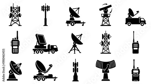 Black  White Icons of Communication Technology, Telecommunication Towers, Satellites, Radios