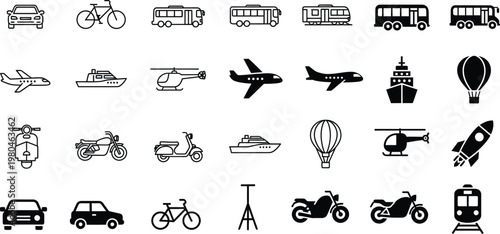 Diverse collection of transportation icons including land air water vehicles for travel and logistics hot air balloon