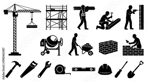 Construction Industry Icons: Crane, Tools, Workers, Building Materials, Black  White