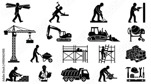 Construction Industry Glyph Icons: Workers, Equipment, Tools  Building Materials Set