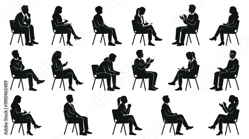 Black and white silhouette of people sitting on chairs in discussion