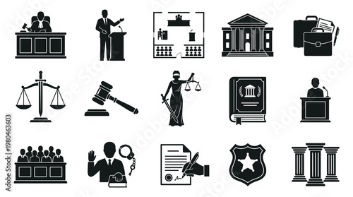 Black  White Glyph Law Justice Icons Set for Legal System and Court