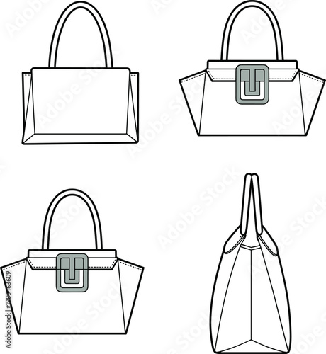 Flat vector handbag illustration, fashion accessory, technical sketch, buckle flap design