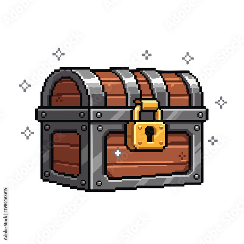 A pixel art illustration of a wooden treasure chest with silver metal bands and a gold padlock, surrounded by glowing sparkles.