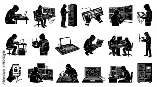 Cybersecurity and IT Technology Glyph Silhouettes: Hackers  Network Professionals Icons