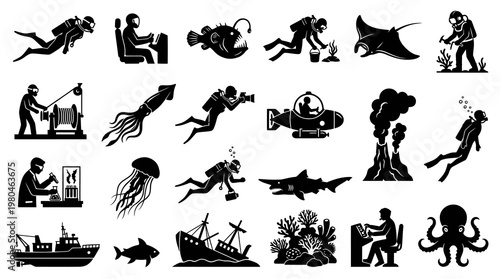 Ocean Exploration Icons: Scuba Diving, Submarine, Sea Life, Ship, Volcano, Coral, Octopus