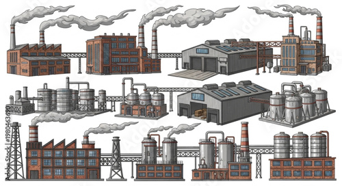 Collection of vintage industrial factory buildings with smoke stacks.