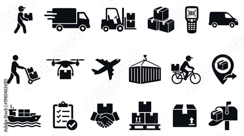 Delivery and Logistics Icons: Shipping, Truck, Drone, Plane, Ship, Bicycle, Box