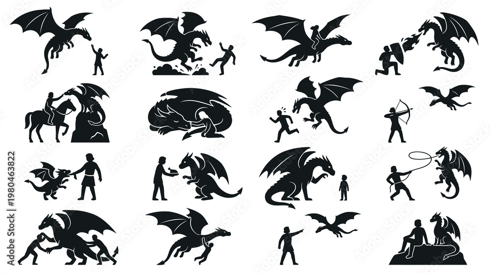 Fototapeta premium Black and White Icons of Dragons and People, Fantasy Mythical Creatures