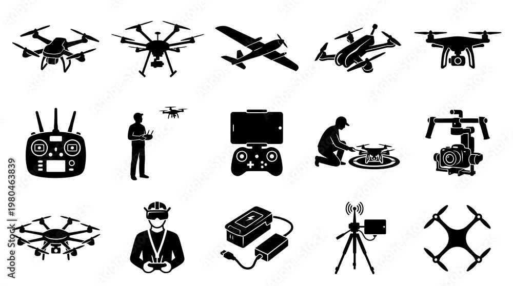 Obraz premium Drone Icons Set, Technology Glyph Vector Collection