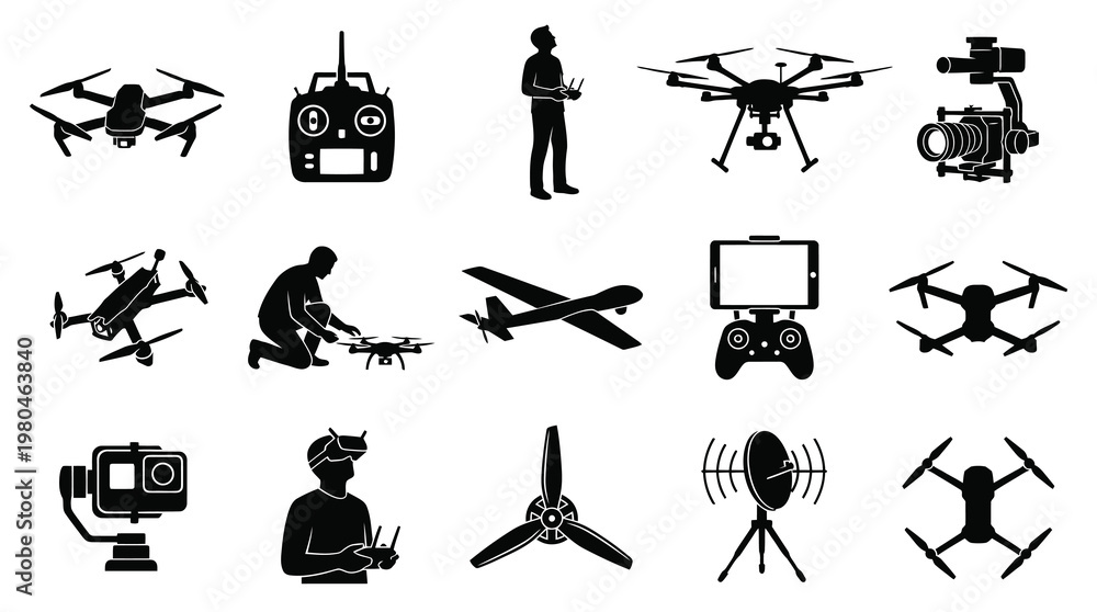 Fototapeta premium Drone Technology Vector Icons: Quadcopters, Remote Control, Camera, Propellers