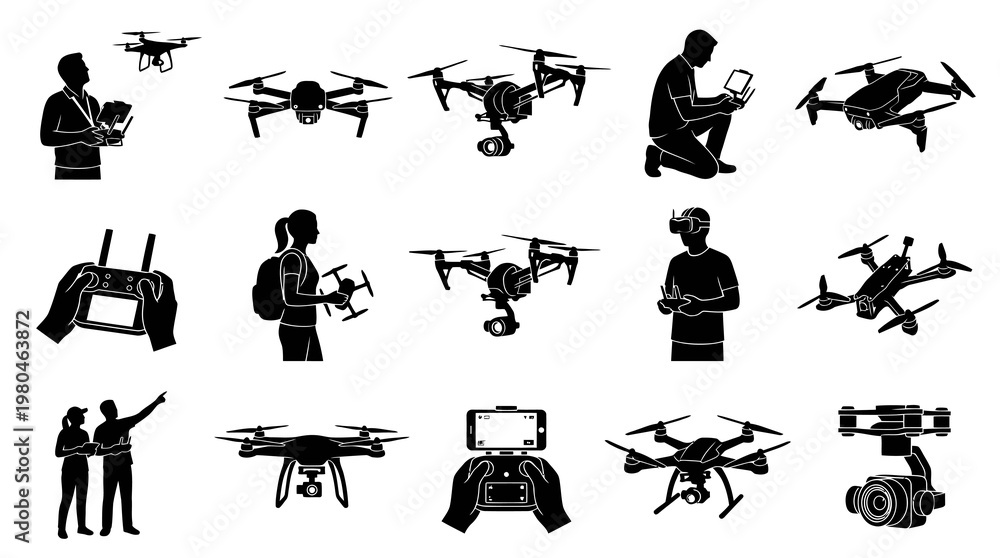 Obraz premium Drone Technology and Piloting Silhouette Icons Set - UAV Operators Remote Control Vector Glyphs