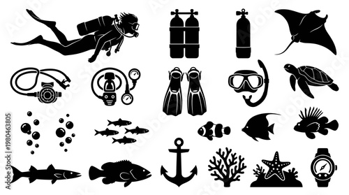 Scuba Diving Ocean Exploration Equipment and Marine Animals Black Glyph Icons