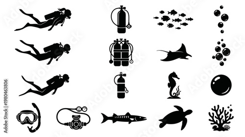 Black  White Scuba Diving and Marine Life Vector Glyphs Set: Divers, Gear, Ocean Creatures